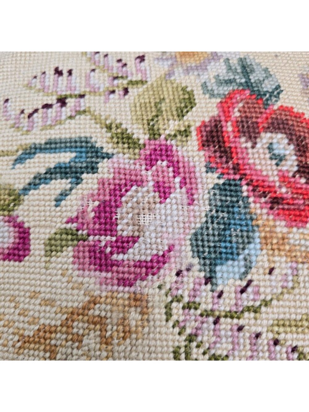Vintage Floral Needlepoint Throw Pillow Black Fringe 13" Boho Decor - Picture 2 of 10